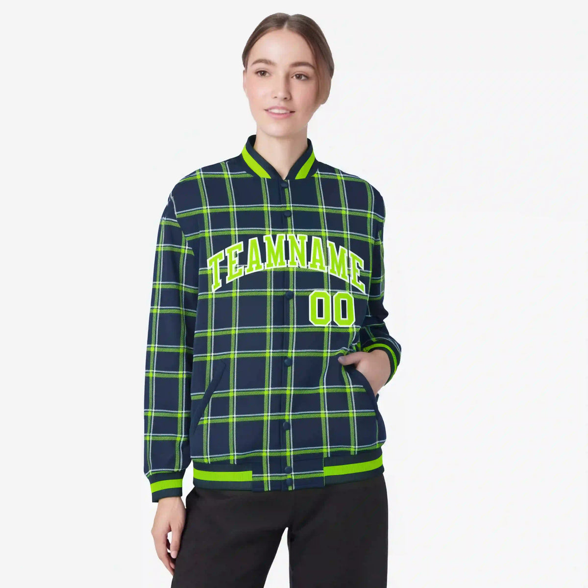 Custom Navy-Kelly Green Varsity Full-Snap Plaid Pattern Letterman Baseball Jacket