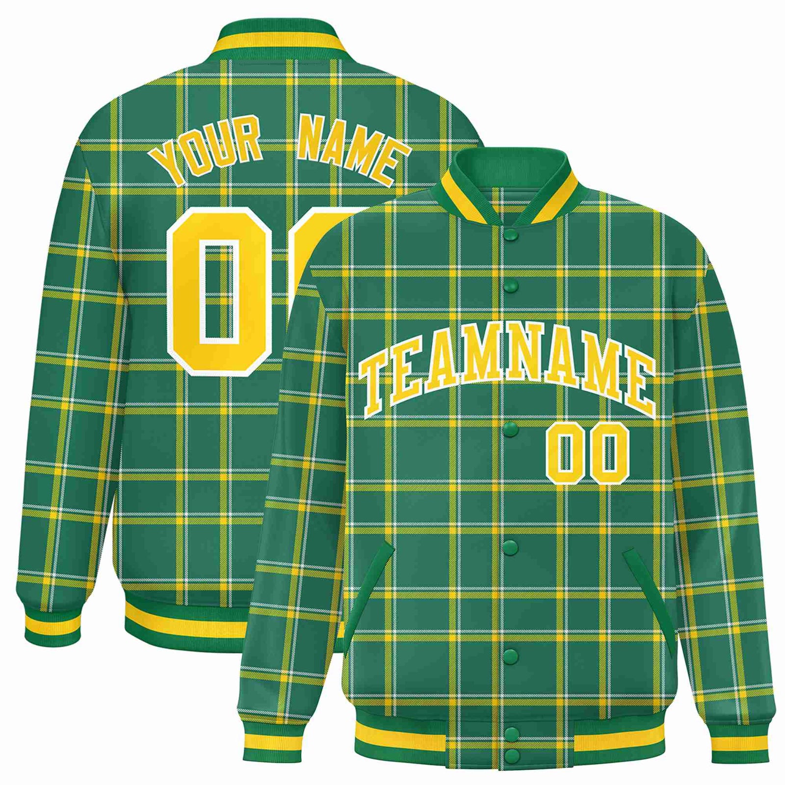 Custom Kelly Green-Gold Varsity Full-Snap Plaid Pattern Letterman Baseball Jacket