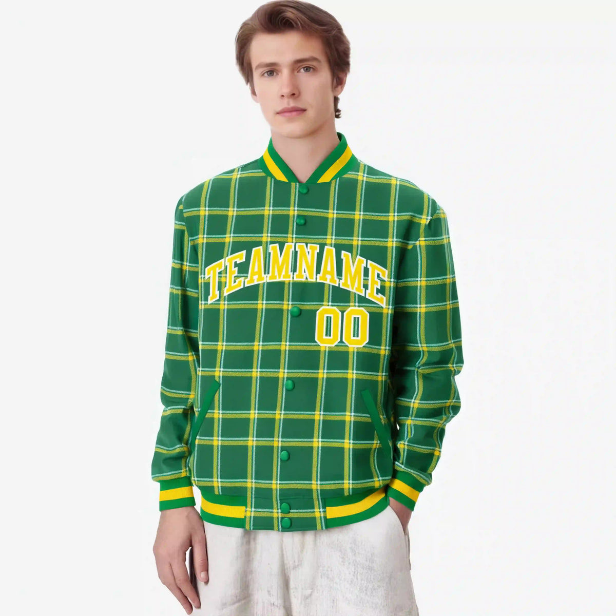Custom Kelly Green-Gold Varsity Full-Snap Plaid Pattern Letterman Baseball Jacket