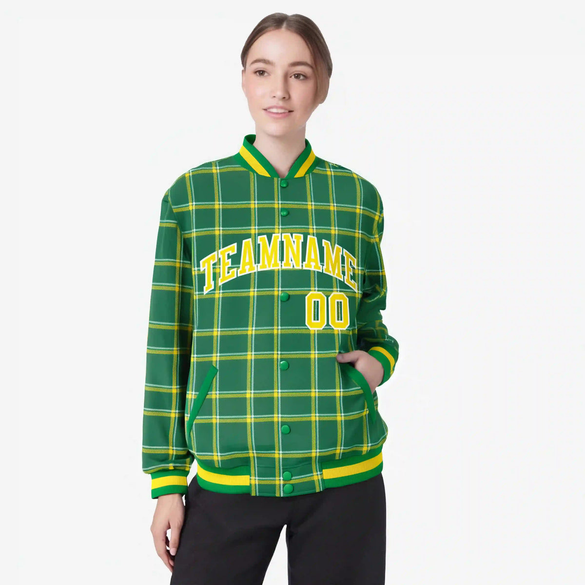 Custom Kelly Green-Gold Varsity Full-Snap Plaid Pattern Letterman Baseball Jacket
