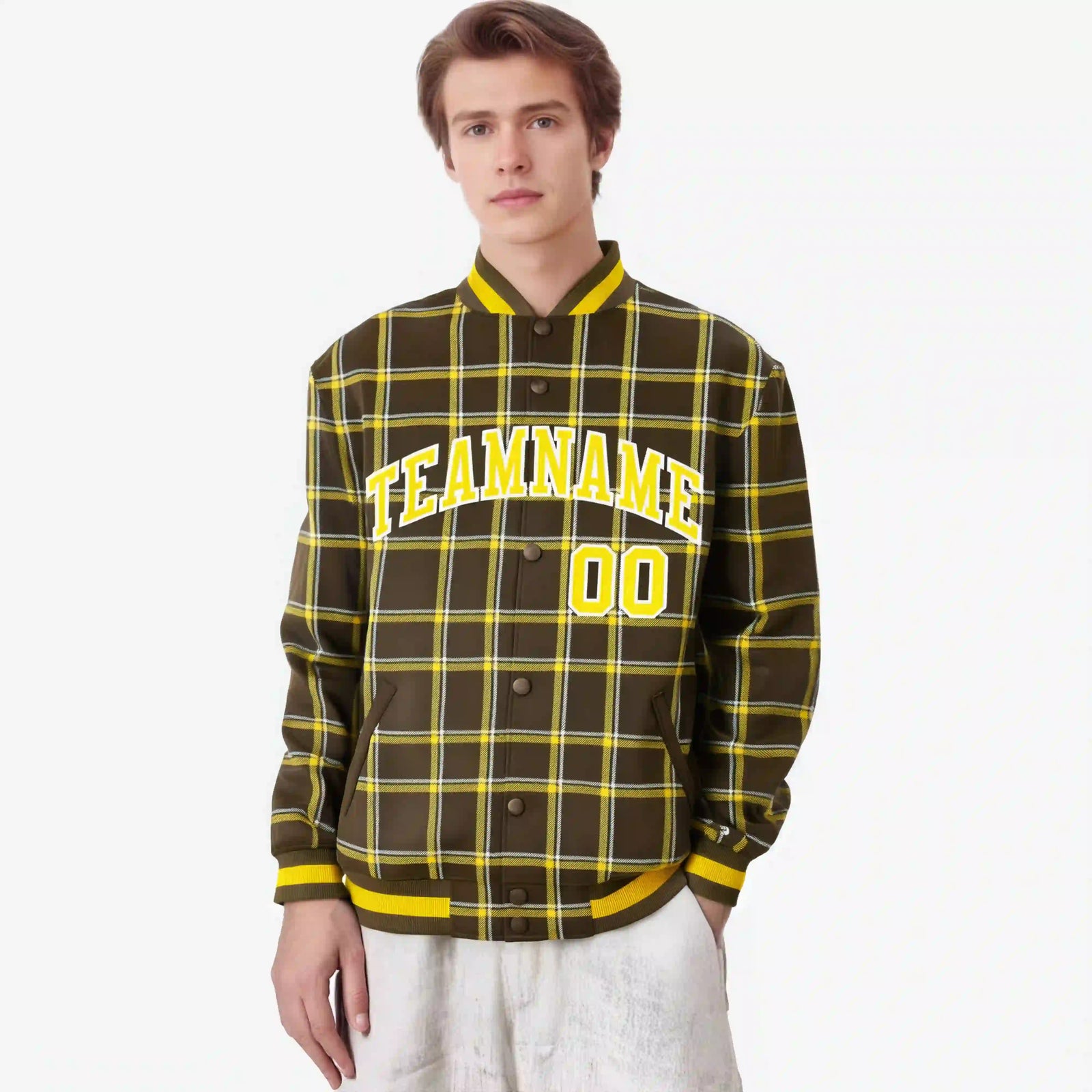 Custom Light Brown-Gold Varsity Full-Snap Plaid Pattern Letterman Baseball Jacket