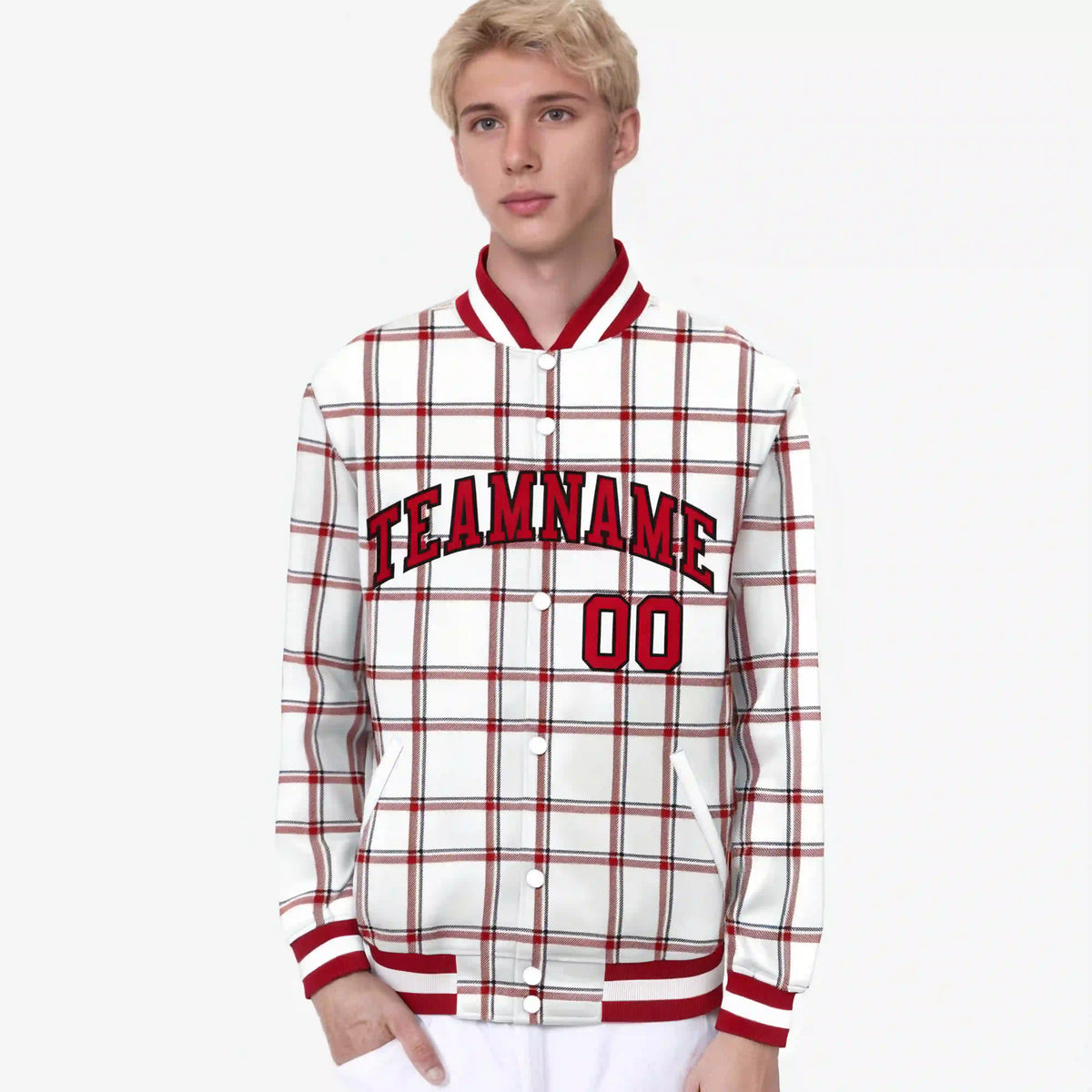 Custom White-Red Varsity Full-Snap Plaid Pattern Letterman Baseball Jacket