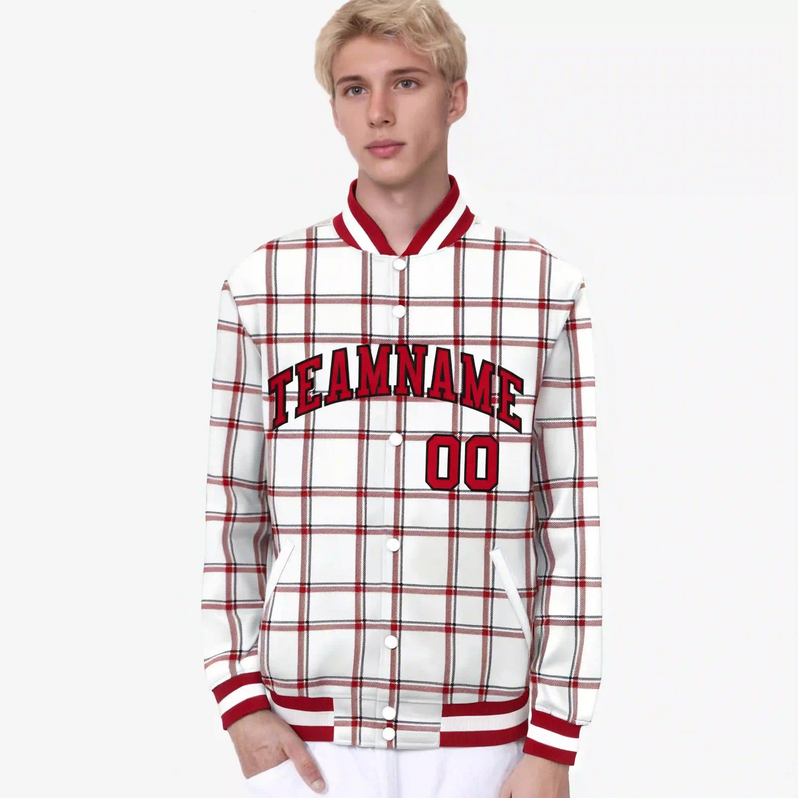 Custom White-Red Varsity Full-Snap Plaid Pattern Letterman Baseball Jacket