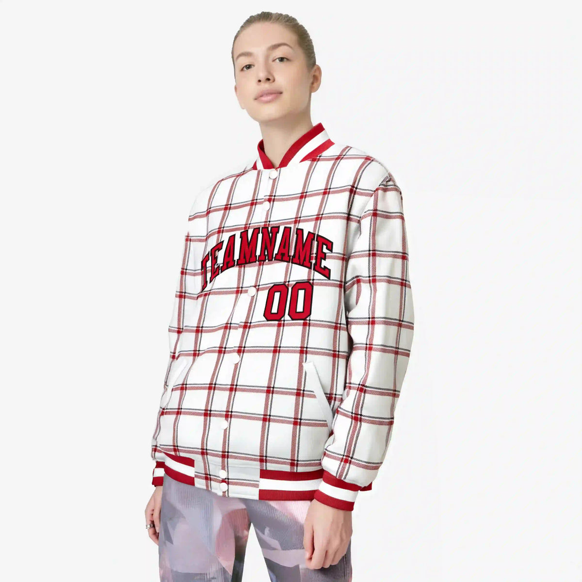 Custom White-Red Varsity Full-Snap Plaid Pattern Letterman Baseball Jacket