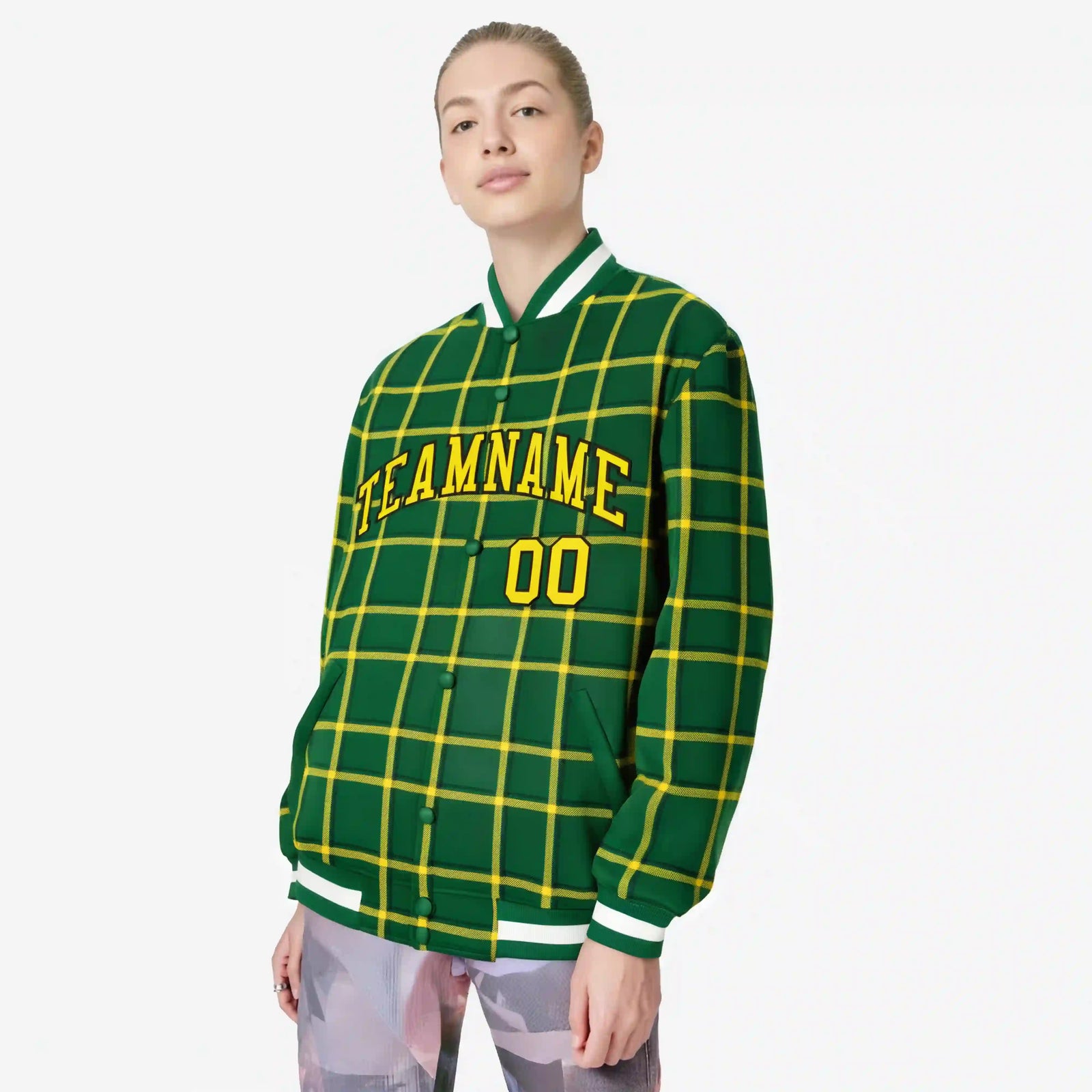 Custom Green-Gold Varsity Full-Snap Plaid Pattern Letterman Baseball Jacket