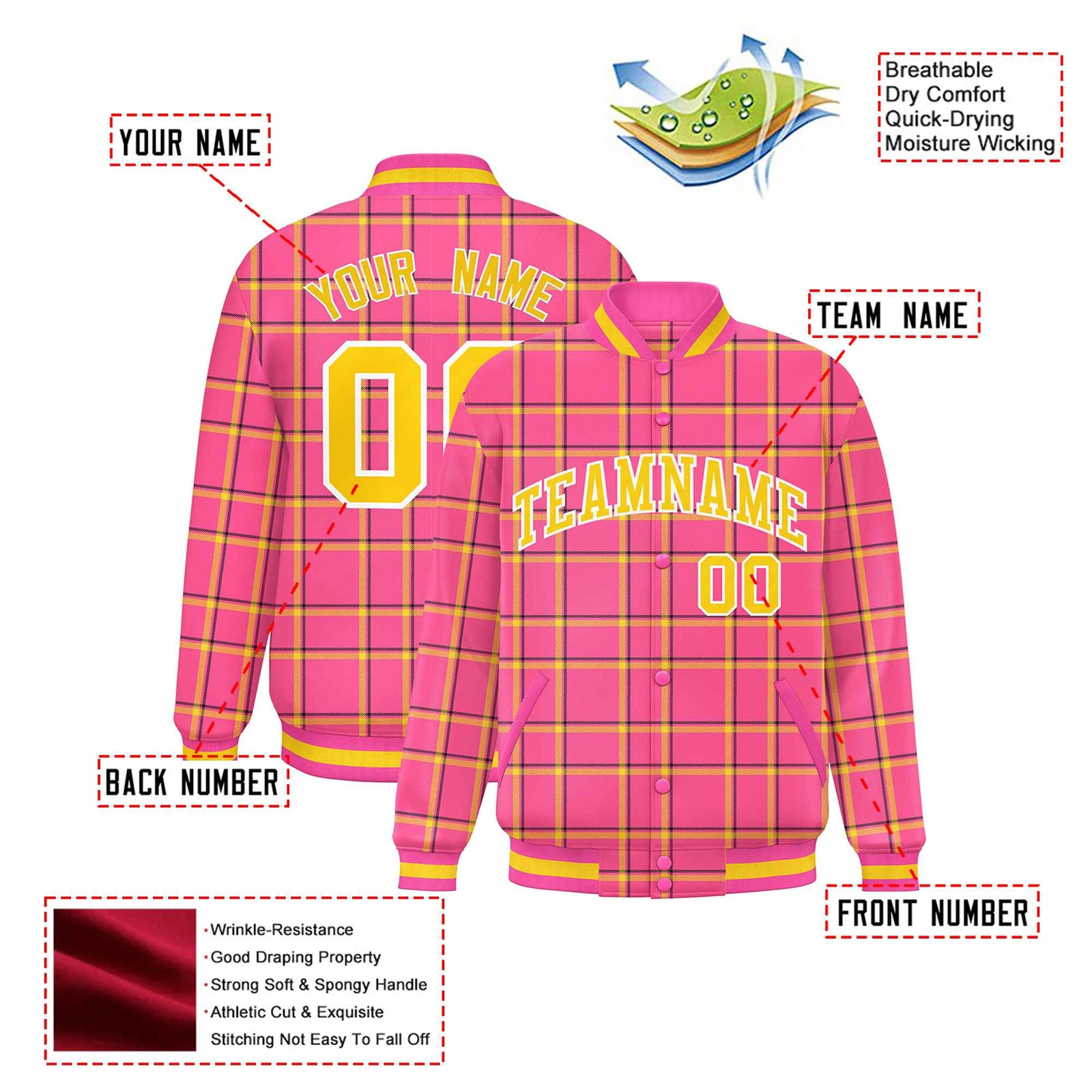 Custom Pink-Gold Varsity Full-Snap Plaid Pattern Letterman Baseball Jacket