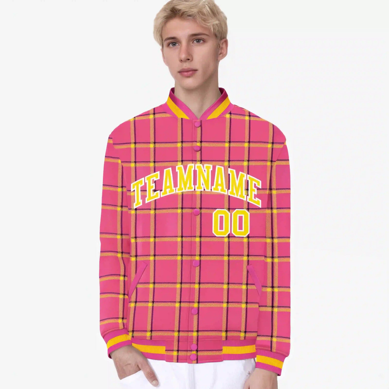 Custom Pink-Gold Varsity Full-Snap Plaid Pattern Letterman Baseball Jacket