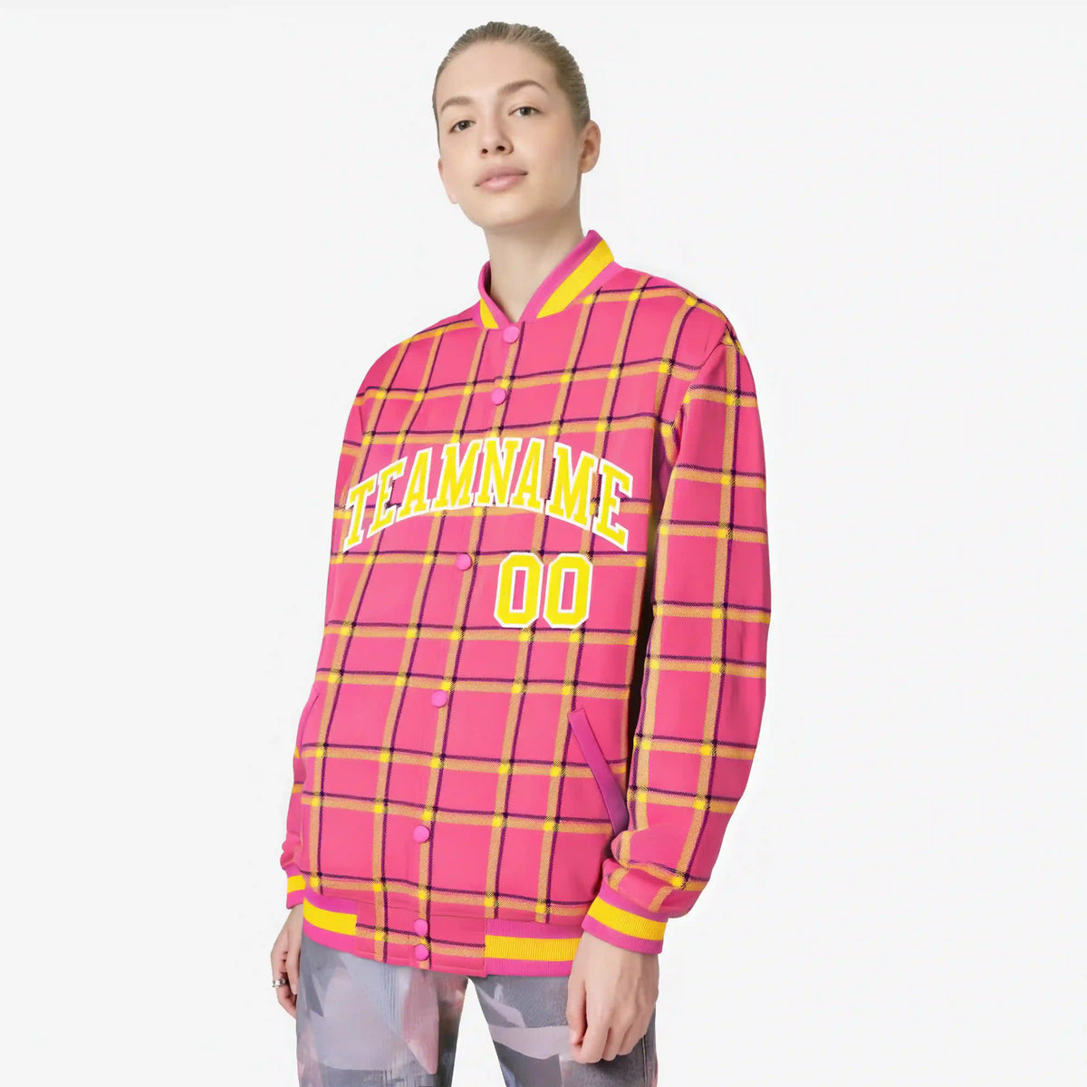 Custom Pink-Gold Varsity Full-Snap Plaid Pattern Letterman Baseball Jacket