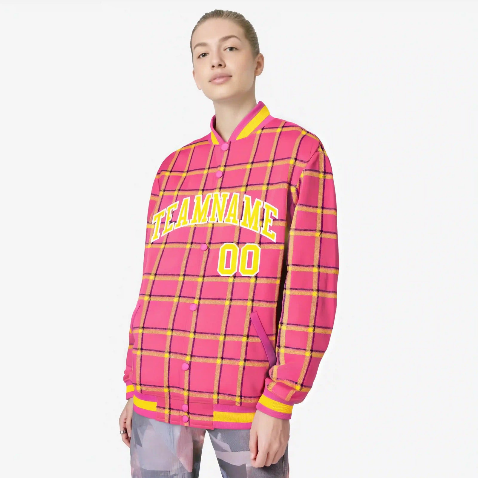 Custom Pink-Gold Varsity Full-Snap Plaid Pattern Letterman Baseball Jacket