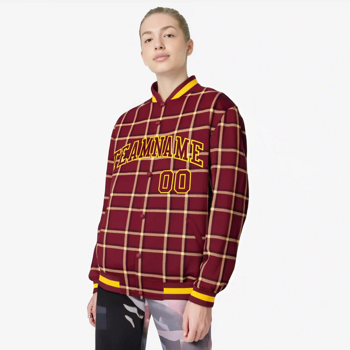 Custom Crimson-Gold Varsity Full-Snap Plaid Pattern Letterman Baseball Jacket