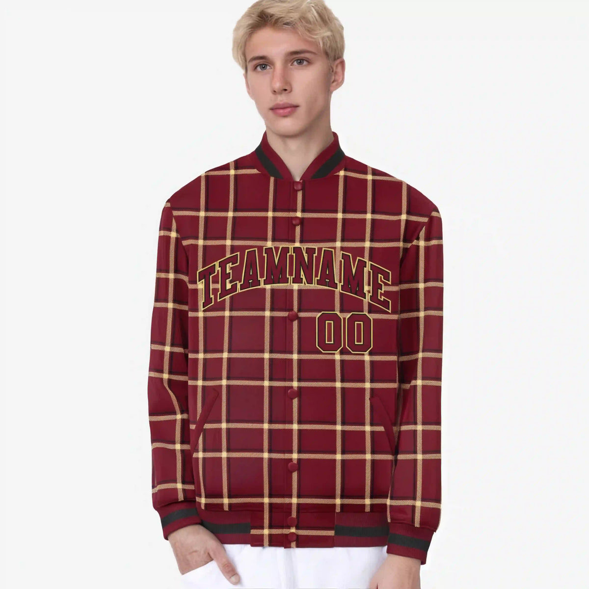 Custom Crimson-Gold Varsity Full-Snap Plaid Pattern Letterman Baseball Jacket