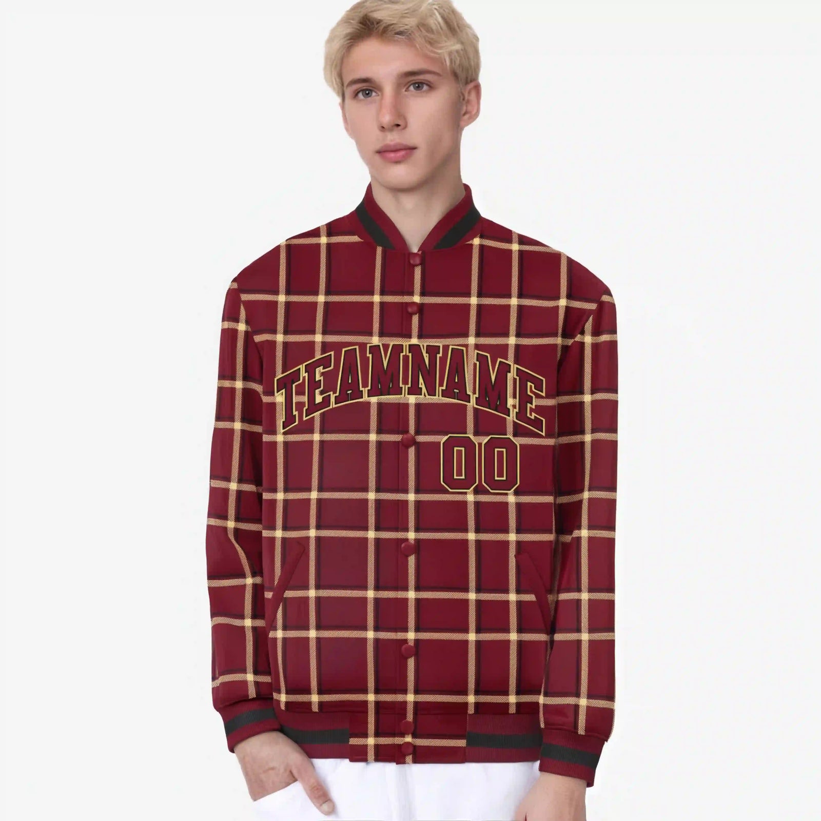 Custom Crimson-Gold Varsity Full-Snap Plaid Pattern Letterman Baseball Jacket