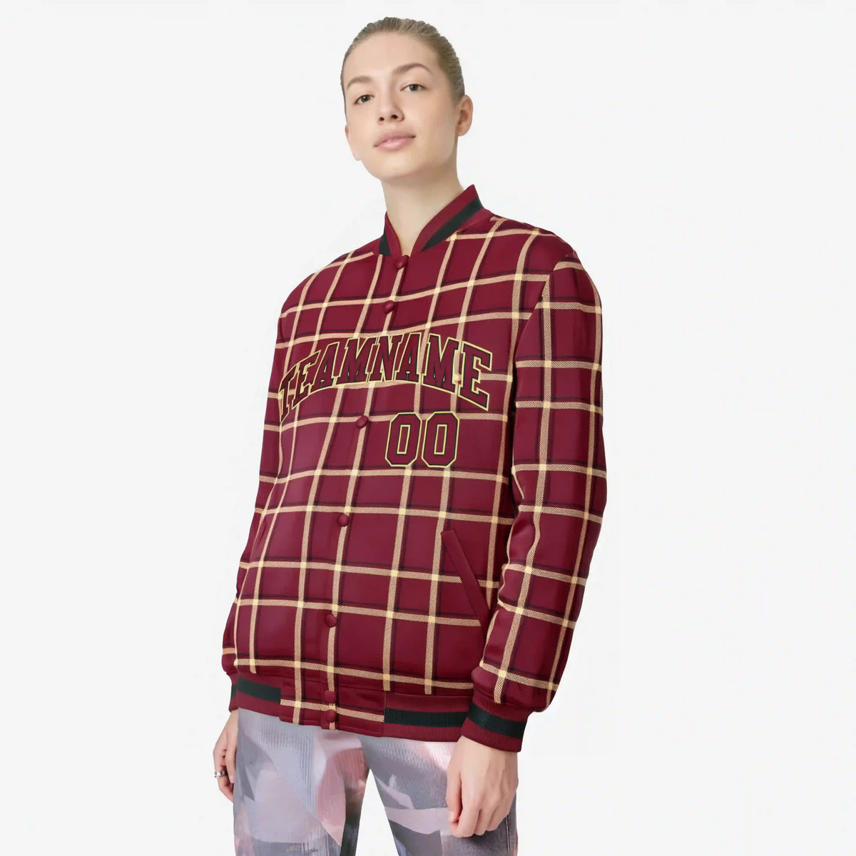 Custom Crimson-Gold Varsity Full-Snap Plaid Pattern Letterman Baseball Jacket