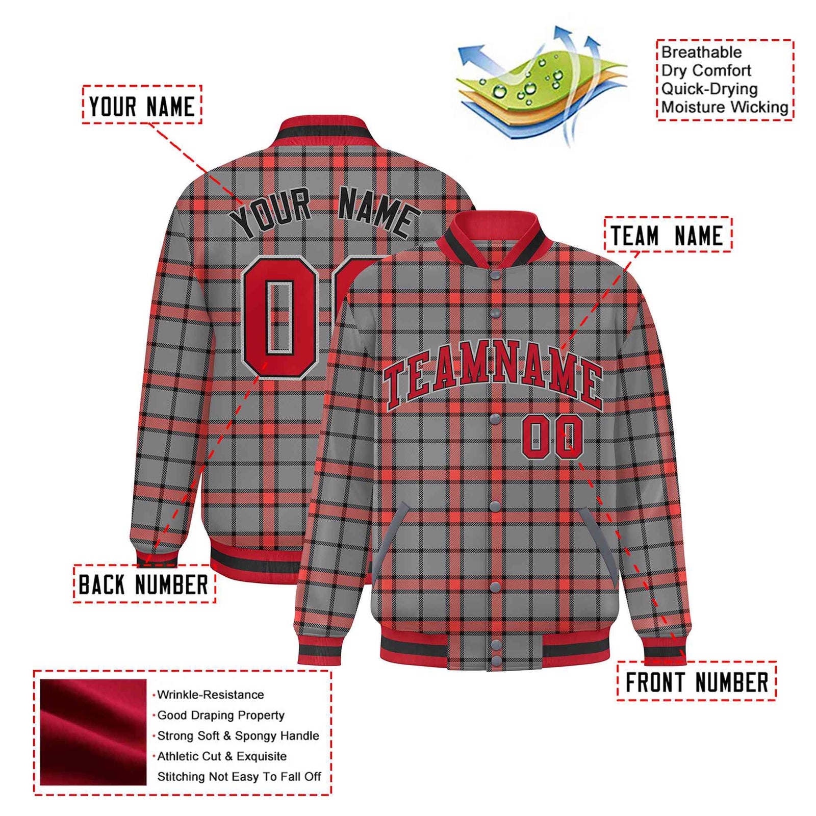 Custom Gray-Red Varsity Full-Snap Plaid Pattern Letterman Baseball Jacket