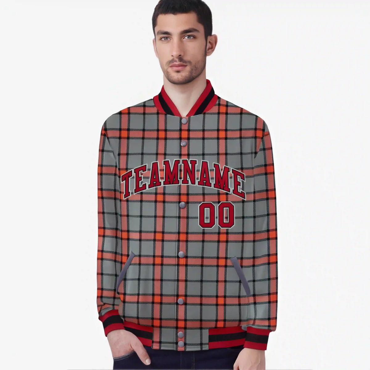 Custom Gray-Red Varsity Full-Snap Plaid Pattern Letterman Baseball Jacket