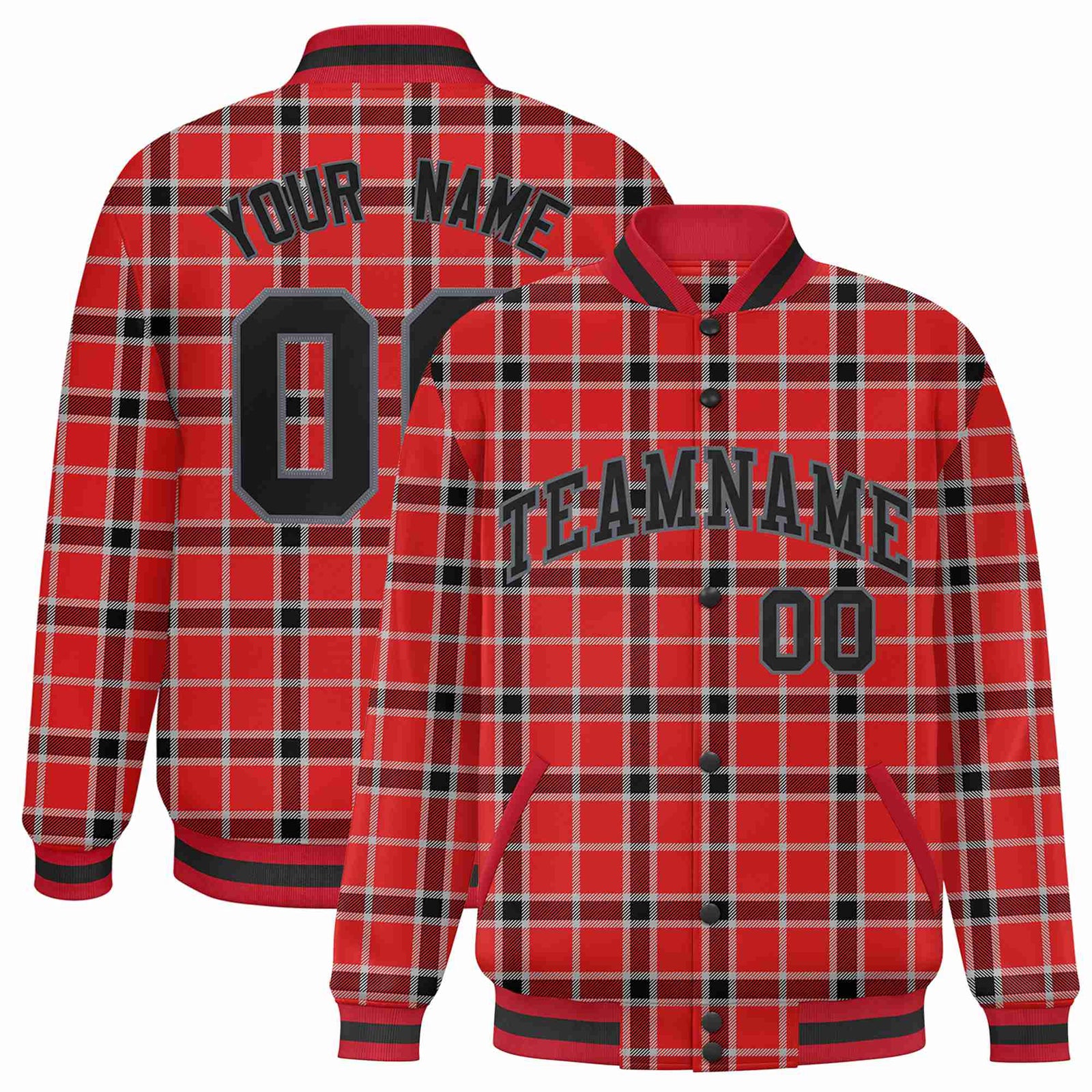 Custom Red-Crimson Varsity Full-Snap Plaid Pattern Letterman Baseball Jacket