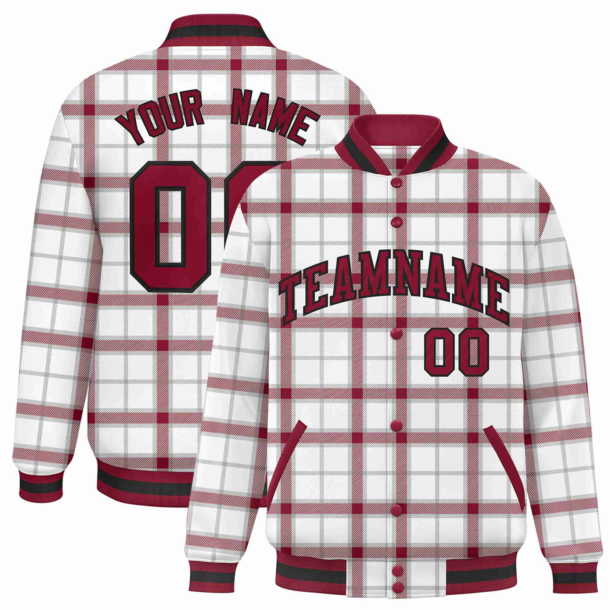 Custom White-Crimson Varsity Full-Snap Plaid Pattern Letterman Baseball Jacket