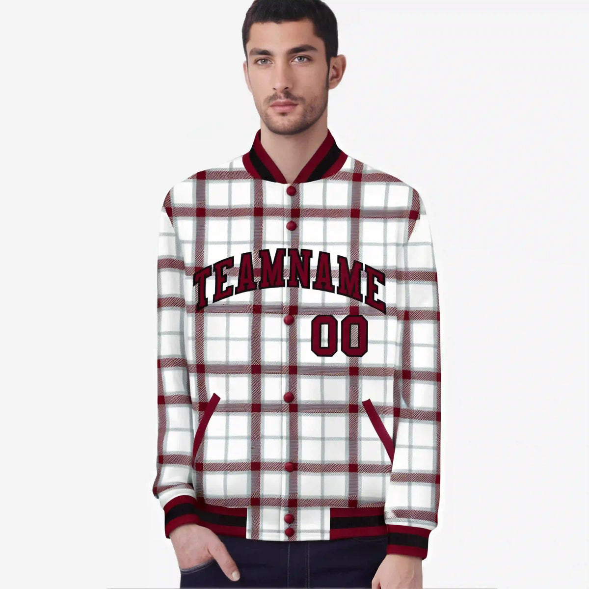 Custom White-Crimson Varsity Full-Snap Plaid Pattern Letterman Baseball Jacket