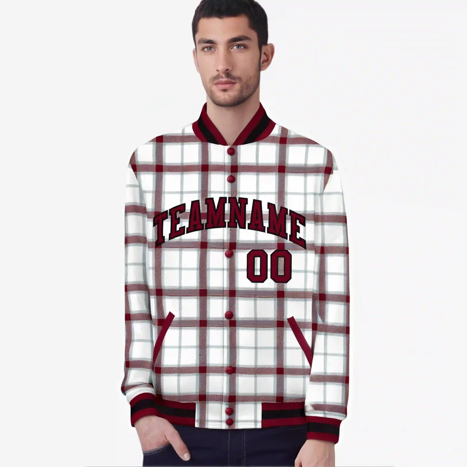 Custom White-Crimson Varsity Full-Snap Plaid Pattern Letterman Baseball Jacket
