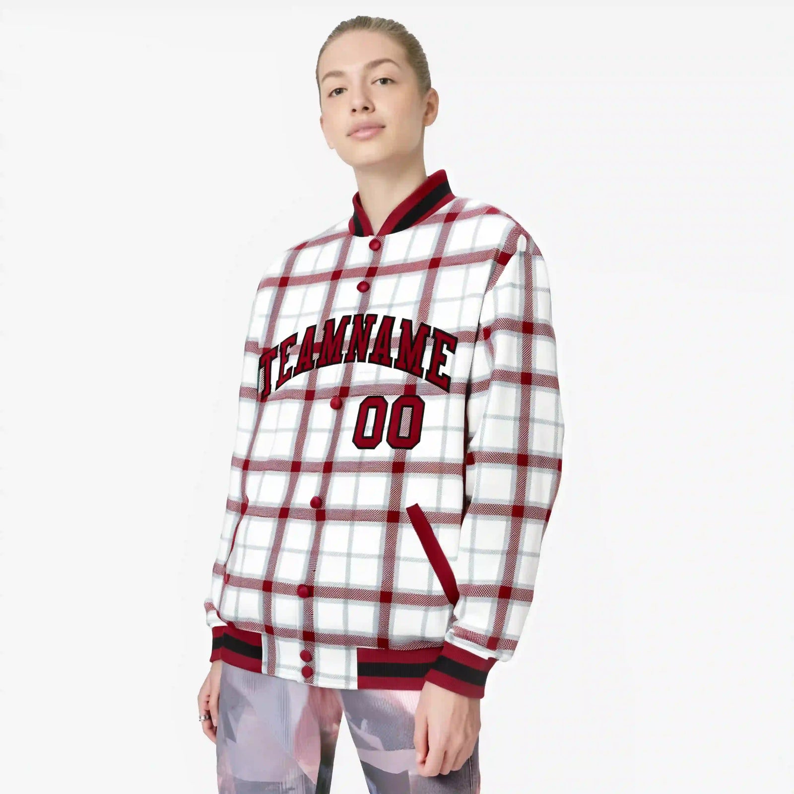Custom White-Crimson Varsity Full-Snap Plaid Pattern Letterman Baseball Jacket