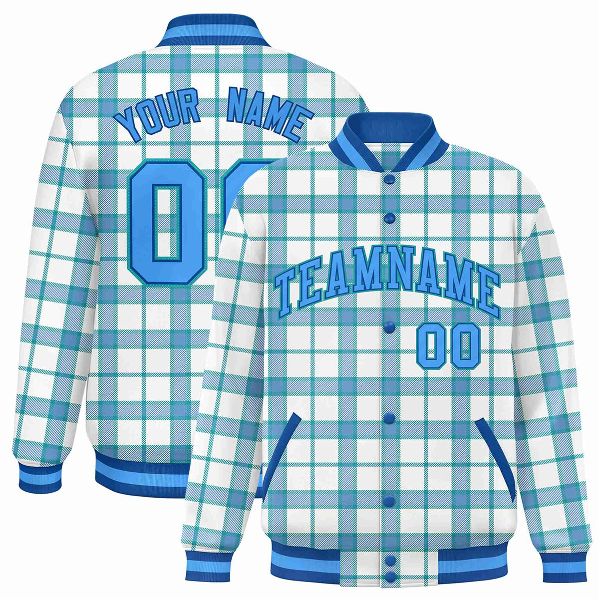 Custom Cream-Light Blue Varsity Full-Snap Plaid Pattern Letterman Baseball Jacket