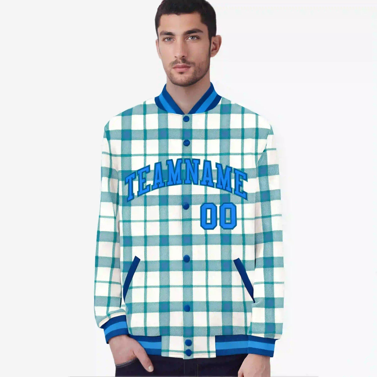 Custom Cream-Light Blue Varsity Full-Snap Plaid Pattern Letterman Baseball Jacket