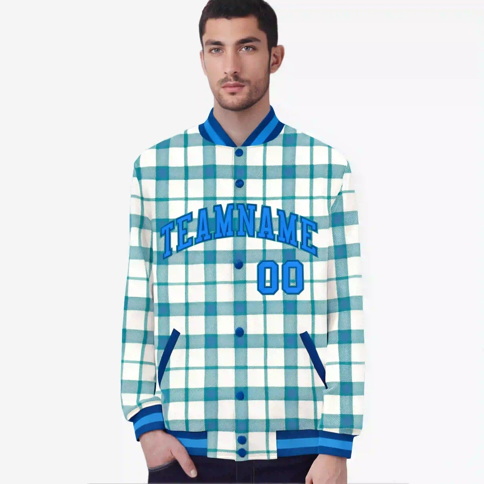 Custom Cream-Light Blue Varsity Full-Snap Plaid Pattern Letterman Baseball Jacket