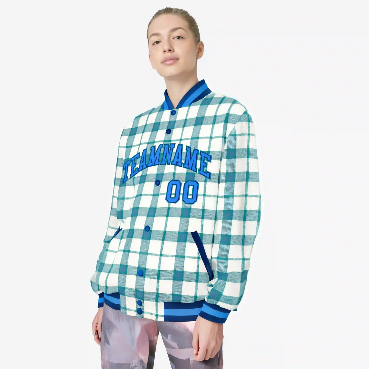 Custom Cream-Light Blue Varsity Full-Snap Plaid Pattern Letterman Baseball Jacket