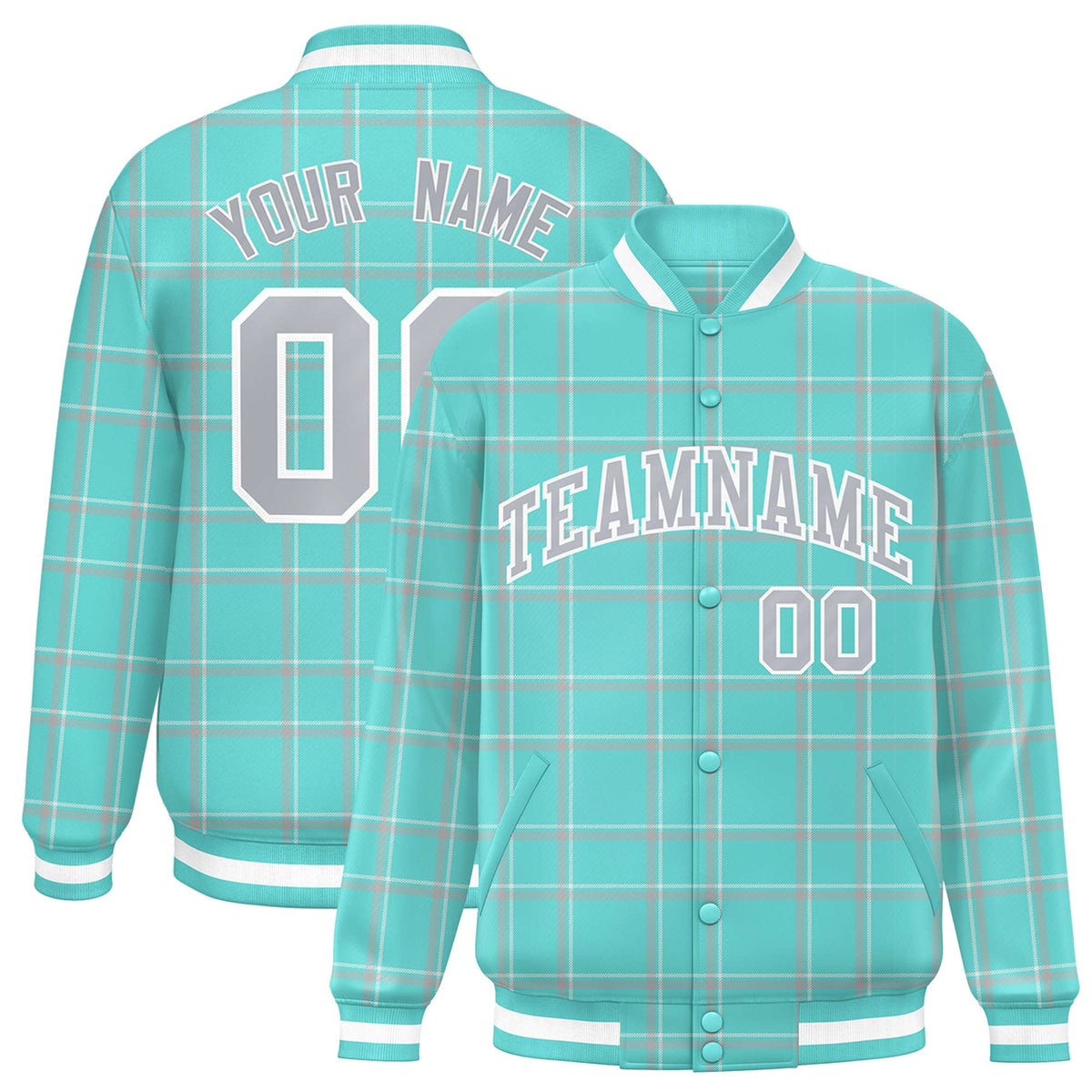 Custom Aqua-Gray Varsity Full-Snap Plaid Pattern Letterman Baseball Jacket