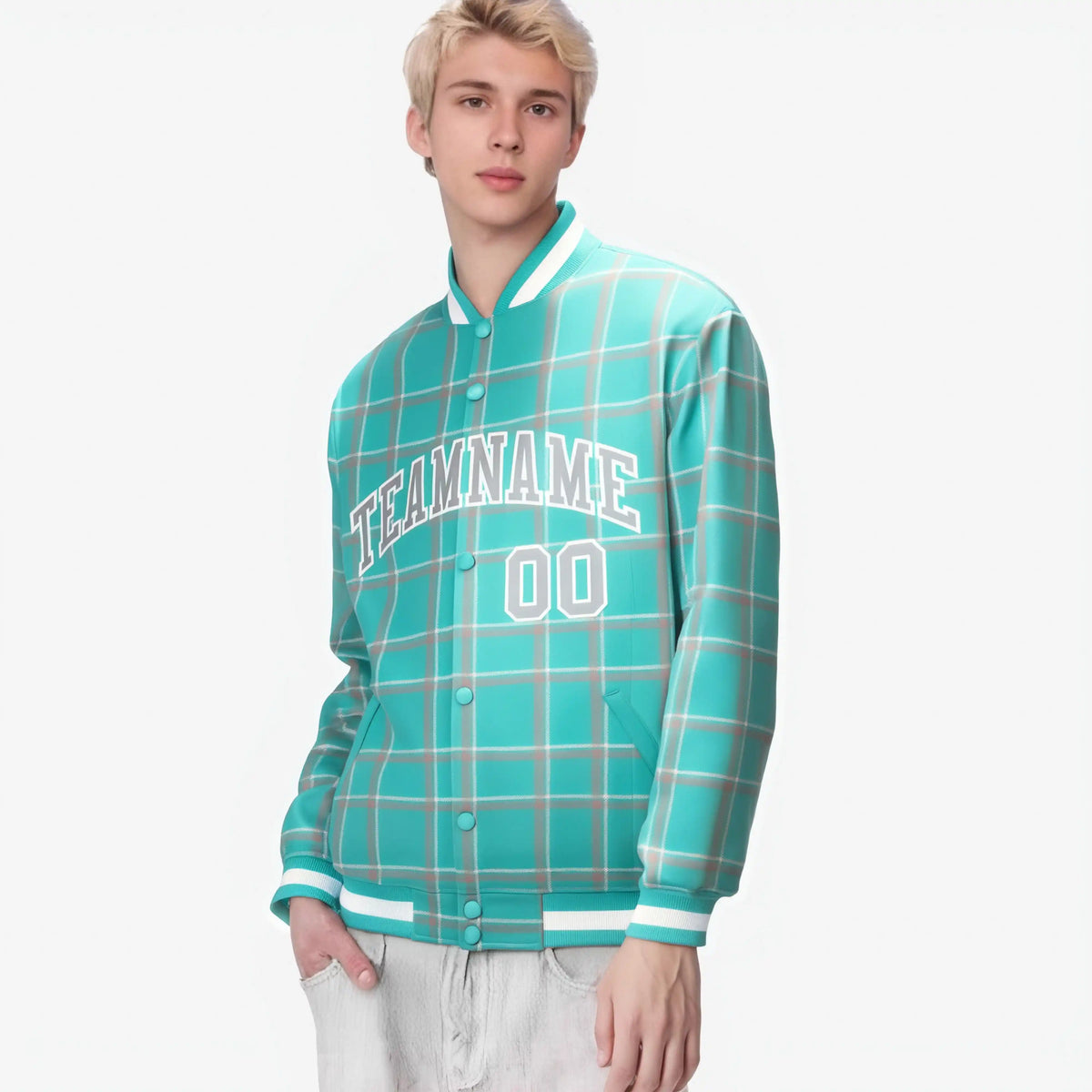Custom Aqua-Gray Varsity Full-Snap Plaid Pattern Letterman Baseball Jacket