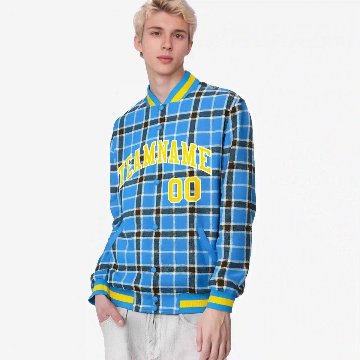 Custom Powder Blue-Dark Gray Varsity Full-Snap Plaid Pattern Letterman Baseball Jacket