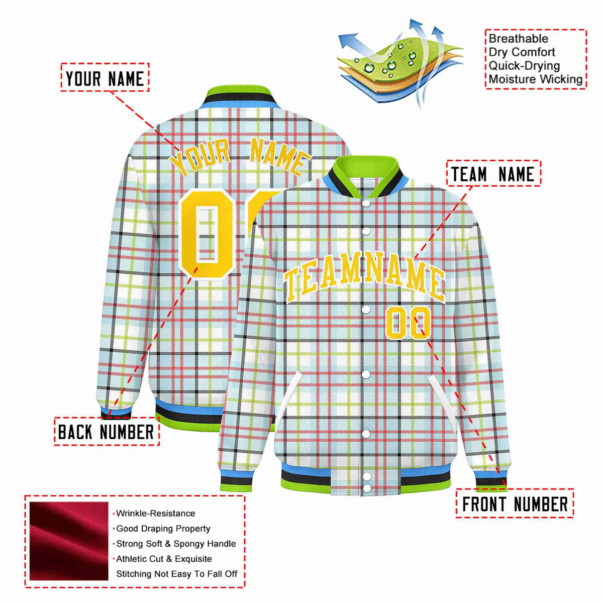 Custom Cream Neon Green-Red Varsity Full-Snap Plaid Pattern Letterman Baseball Jacket