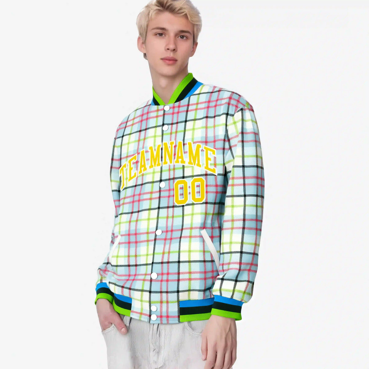 Custom Cream Neon Green-Red Varsity Full-Snap Plaid Pattern Letterman Baseball Jacket