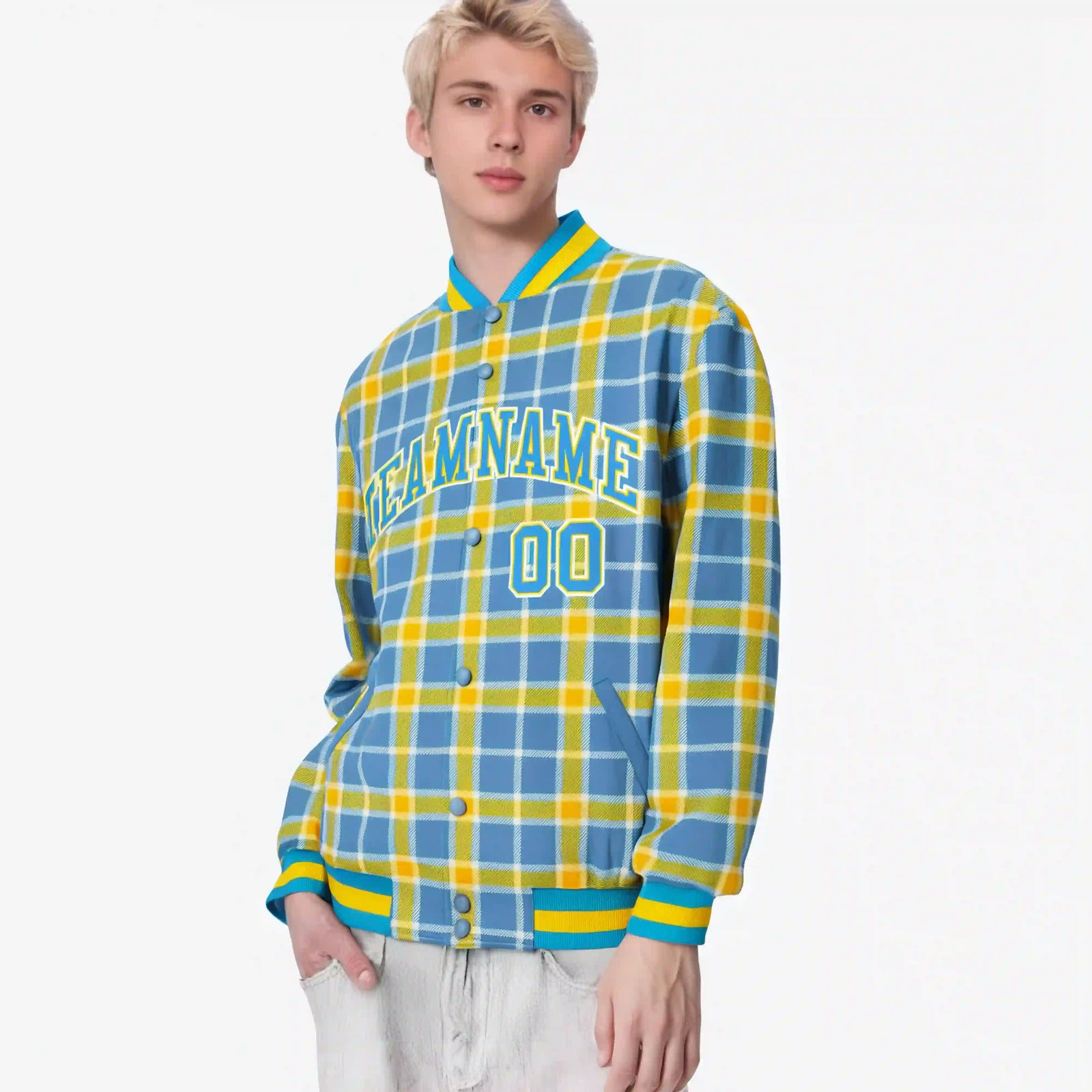 Custom Light Brown-Gold Varsity Full-Snap Plaid Pattern Letterman Baseball Jacket