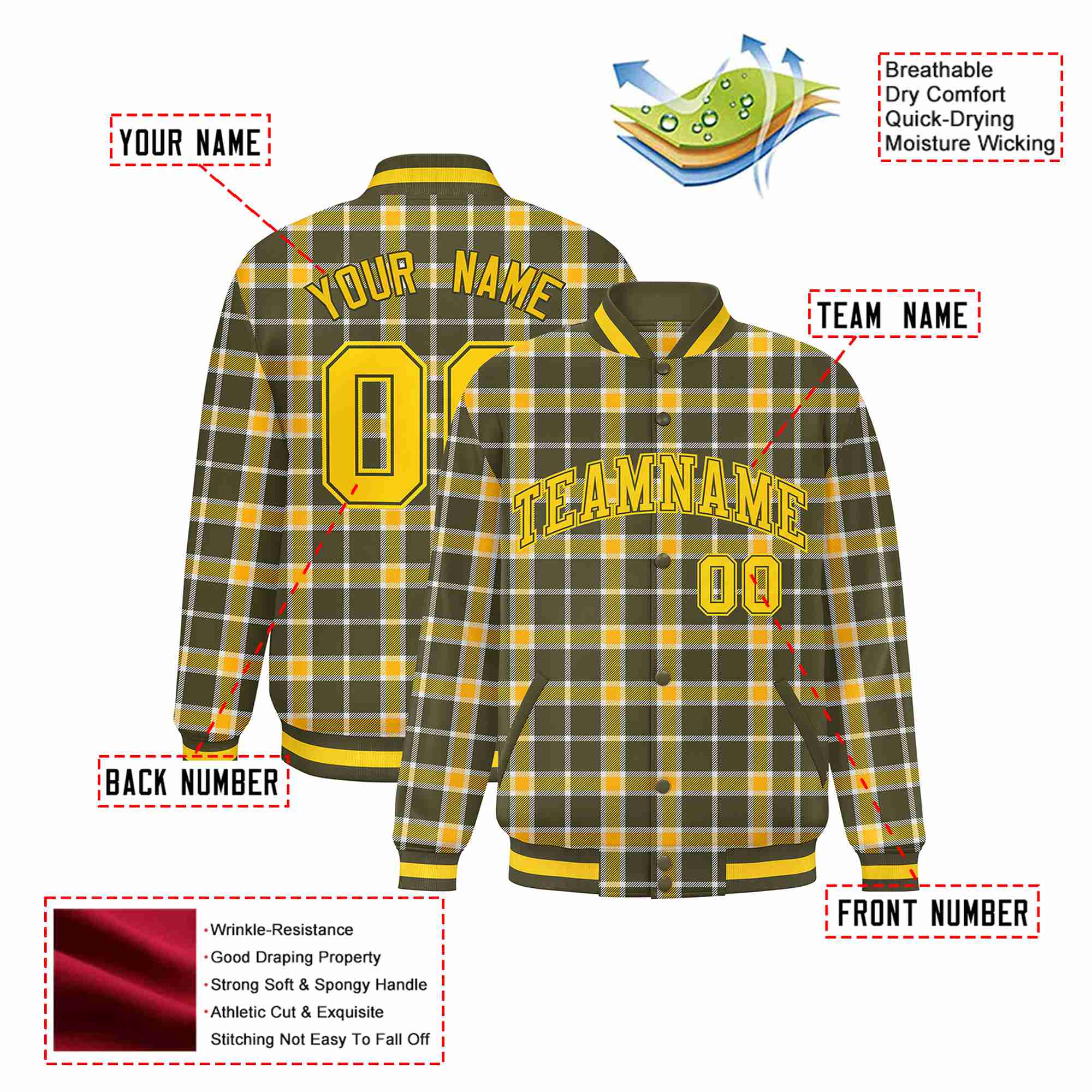 Custom Dark Gray-Gold Varsity Full-Snap Plaid Pattern Letterman Baseball Jacket