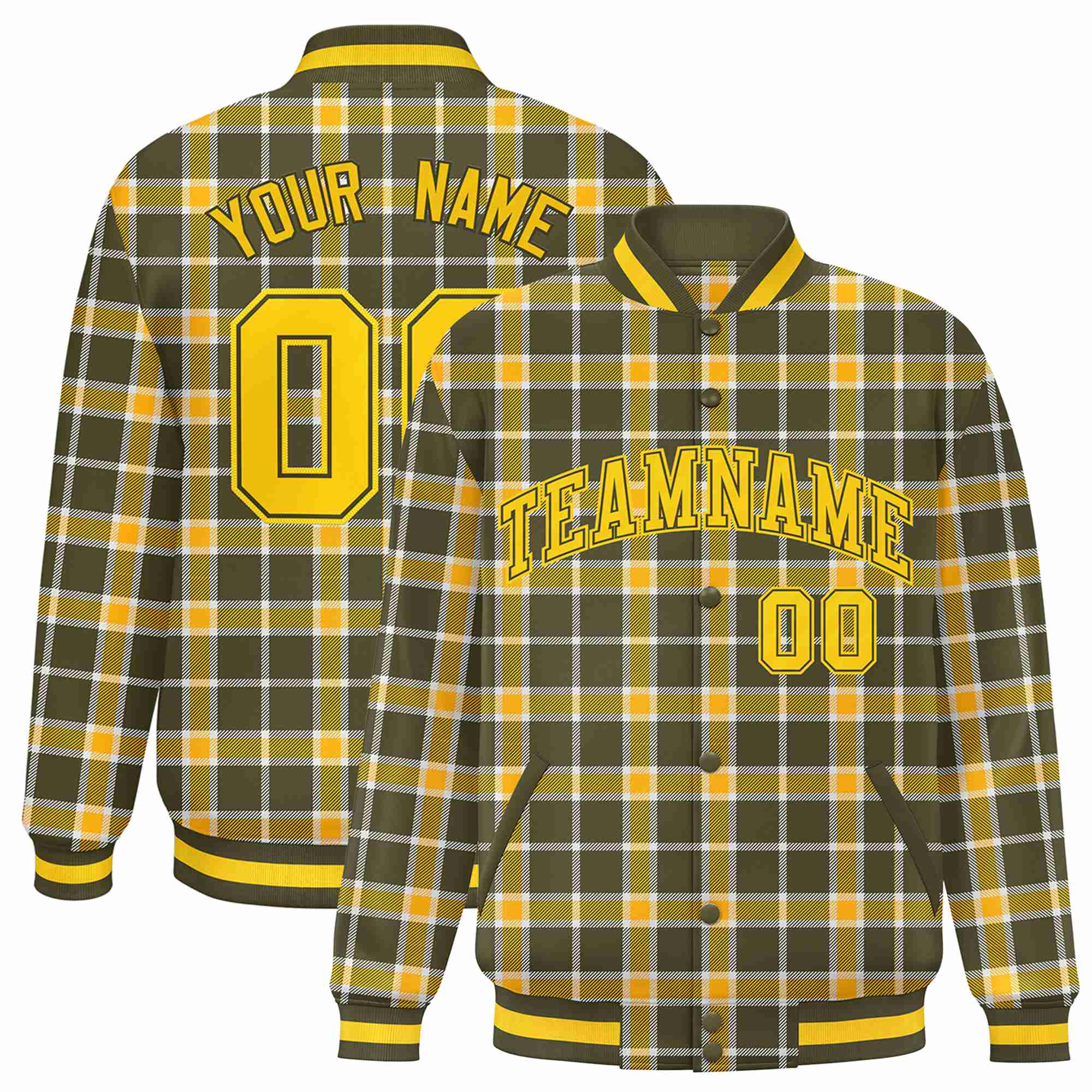 Custom Dark Gray-Gold Varsity Full-Snap Plaid Pattern Letterman Baseball Jacket