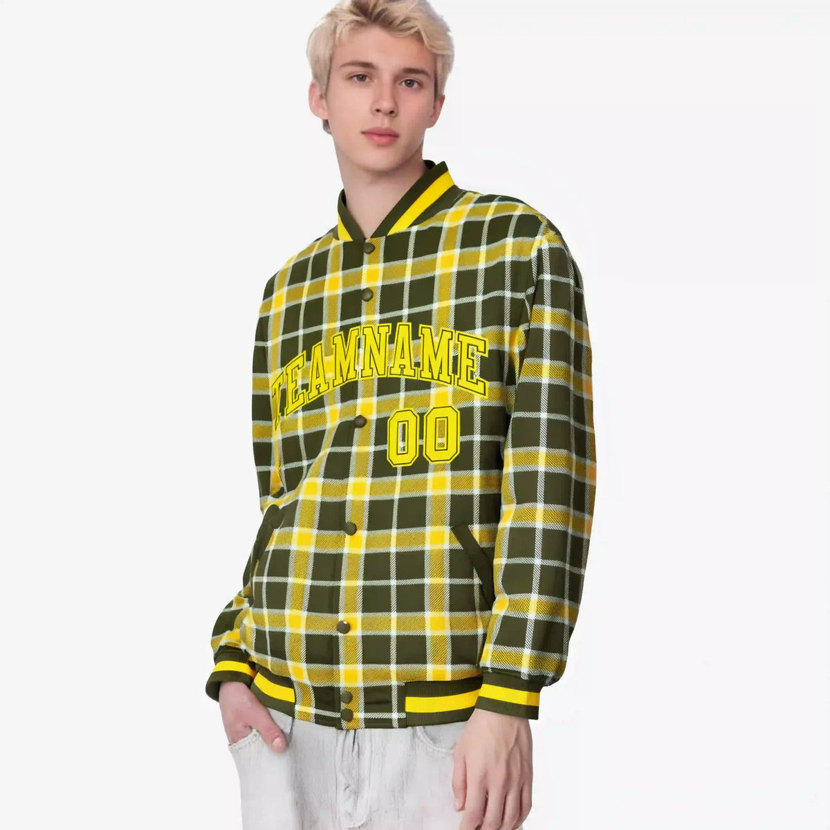 Custom Dark Gray-Gold Varsity Full-Snap Plaid Pattern Letterman Baseball Jacket