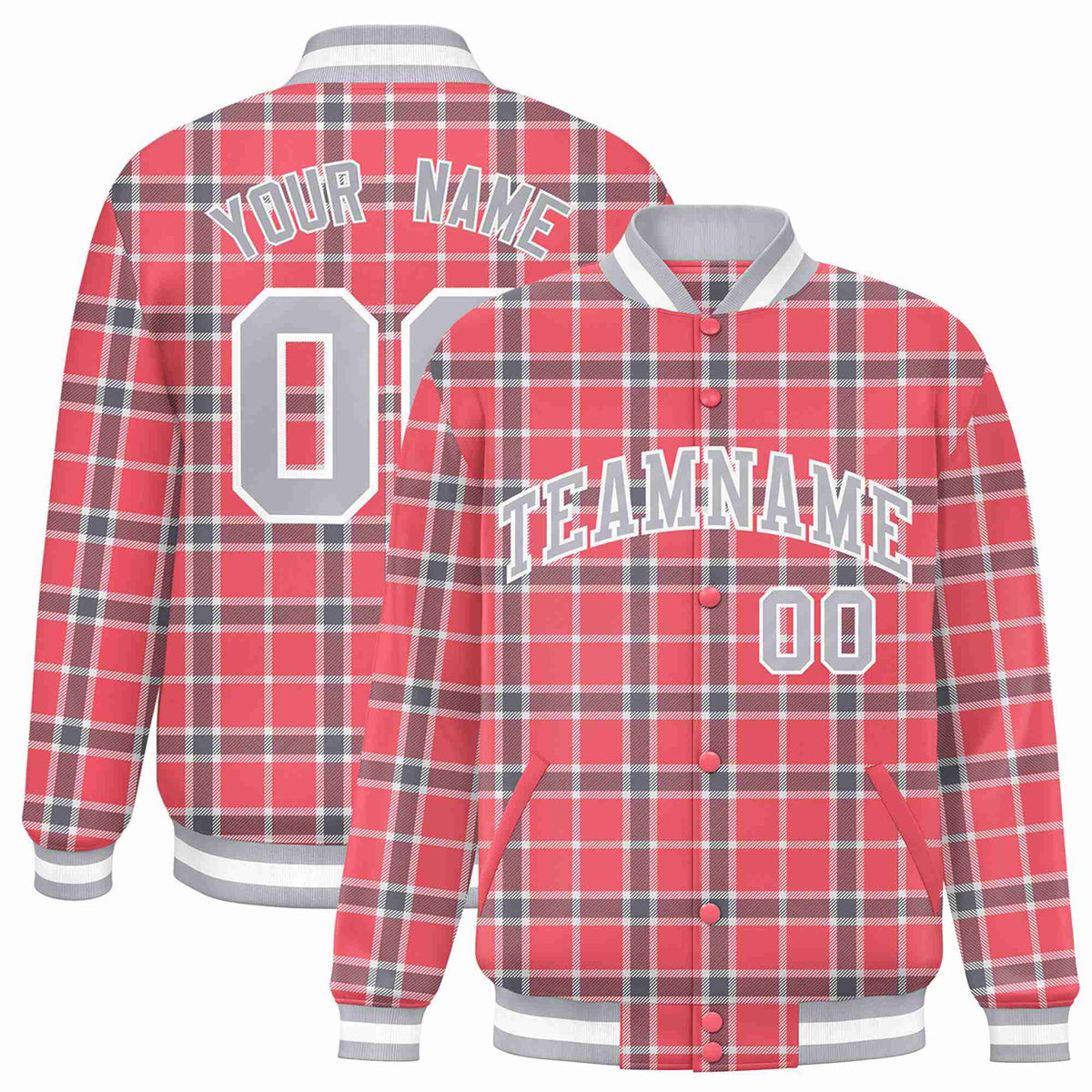 Custom Light Red-Crimson Varsity Full-Snap Plaid Pattern Letterman Baseball Jacket