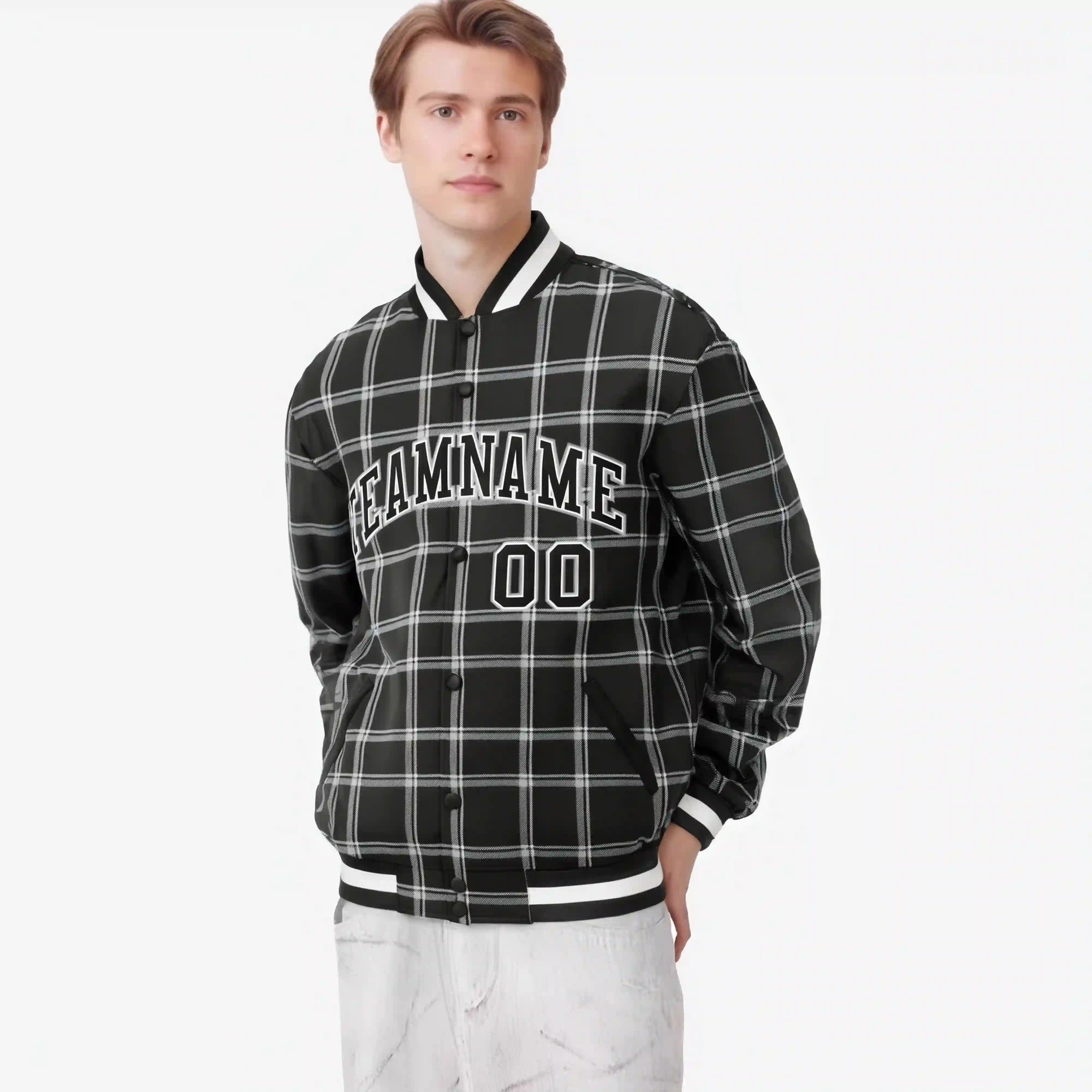 Custom Dark Gray-White Varsity Full-Snap Plaid Pattern Letterman Baseball Jacket