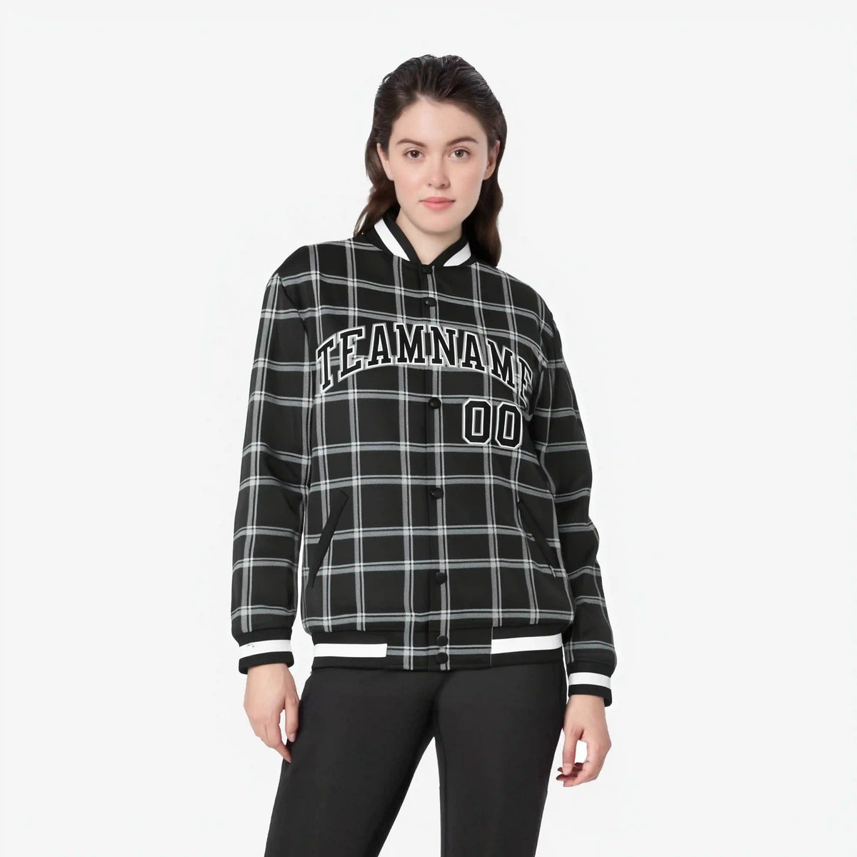 Custom Dark Gray-White Varsity Full-Snap Plaid Pattern Letterman Baseball Jacket