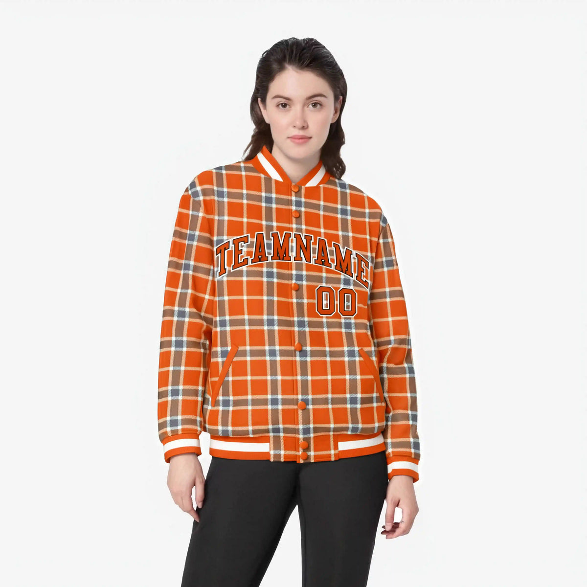 Custom Orange-Light Brown Varsity Full-Snap Plaid Pattern Letterman Baseball Jacket