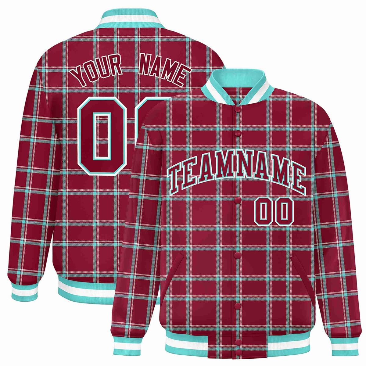 Custom Crimson-Aqua Varsity Full-Snap Plaid Pattern Letterman Baseball Jacket