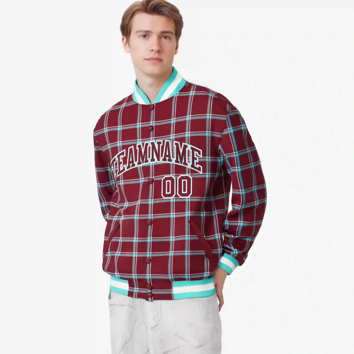 Custom Crimson-Aqua Varsity Full-Snap Plaid Pattern Letterman Baseball Jacket