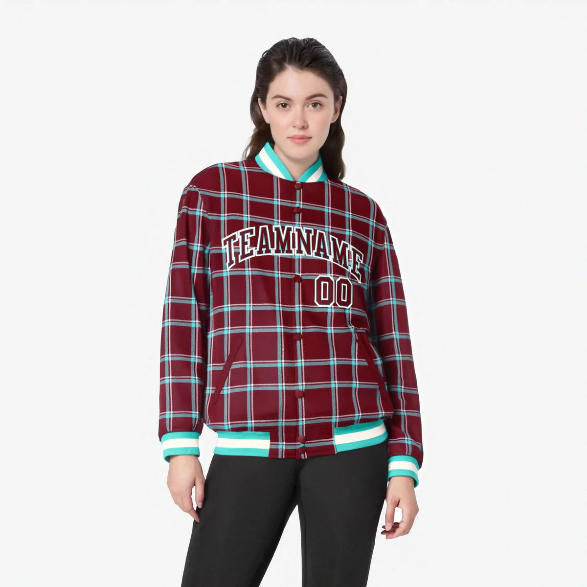 Custom Crimson-Aqua Varsity Full-Snap Plaid Pattern Letterman Baseball Jacket