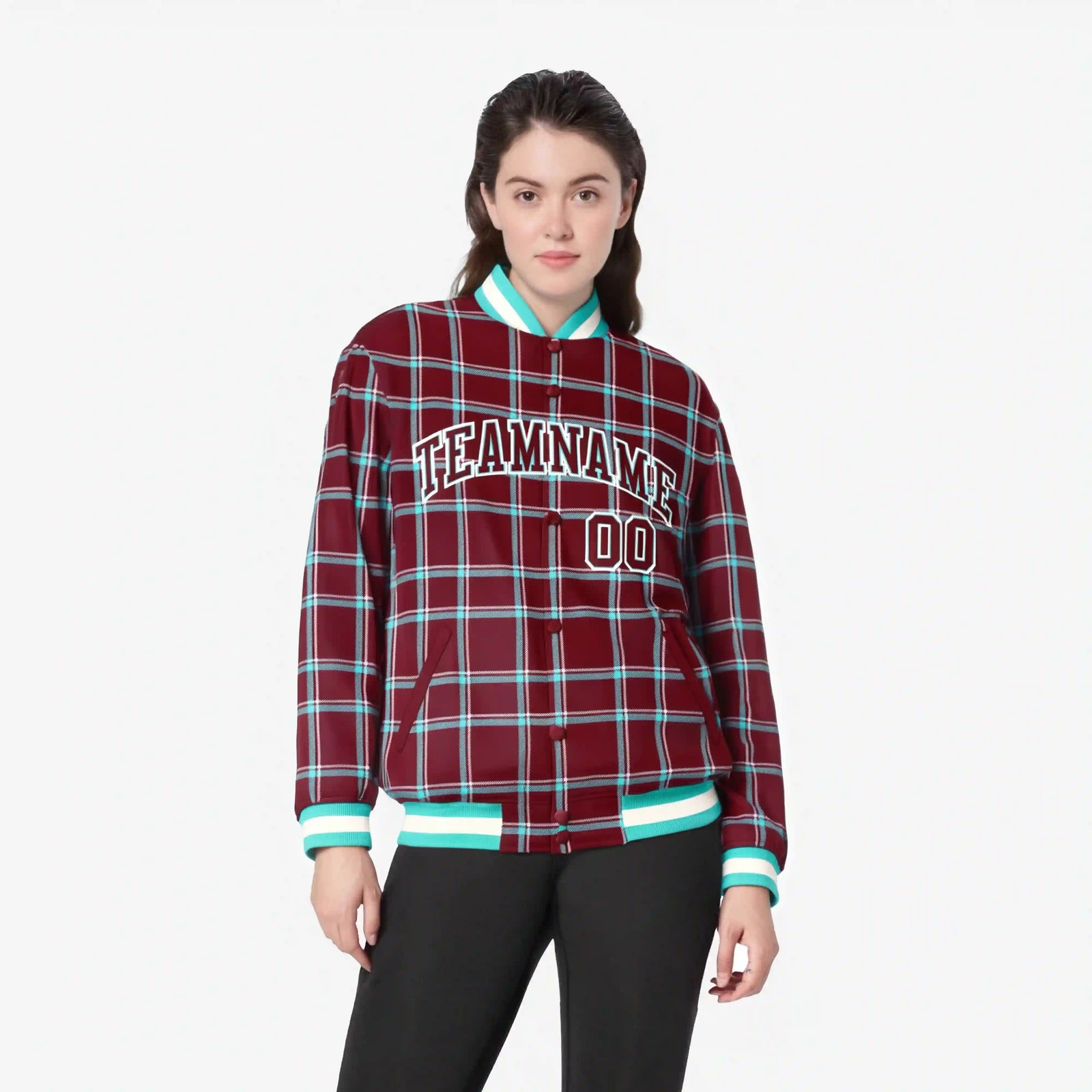 Custom Crimson-Aqua Varsity Full-Snap Plaid Pattern Letterman Baseball Jacket
