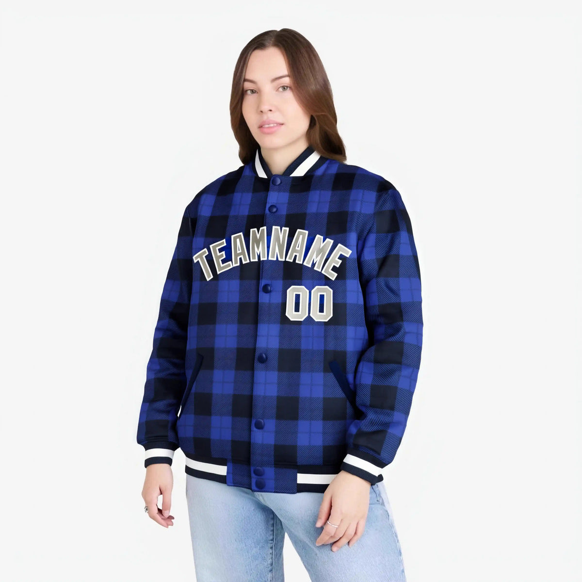 Custom Royal Blue-Black Varsity Full-Snap Plaid Pattern Letterman Baseball Jacket