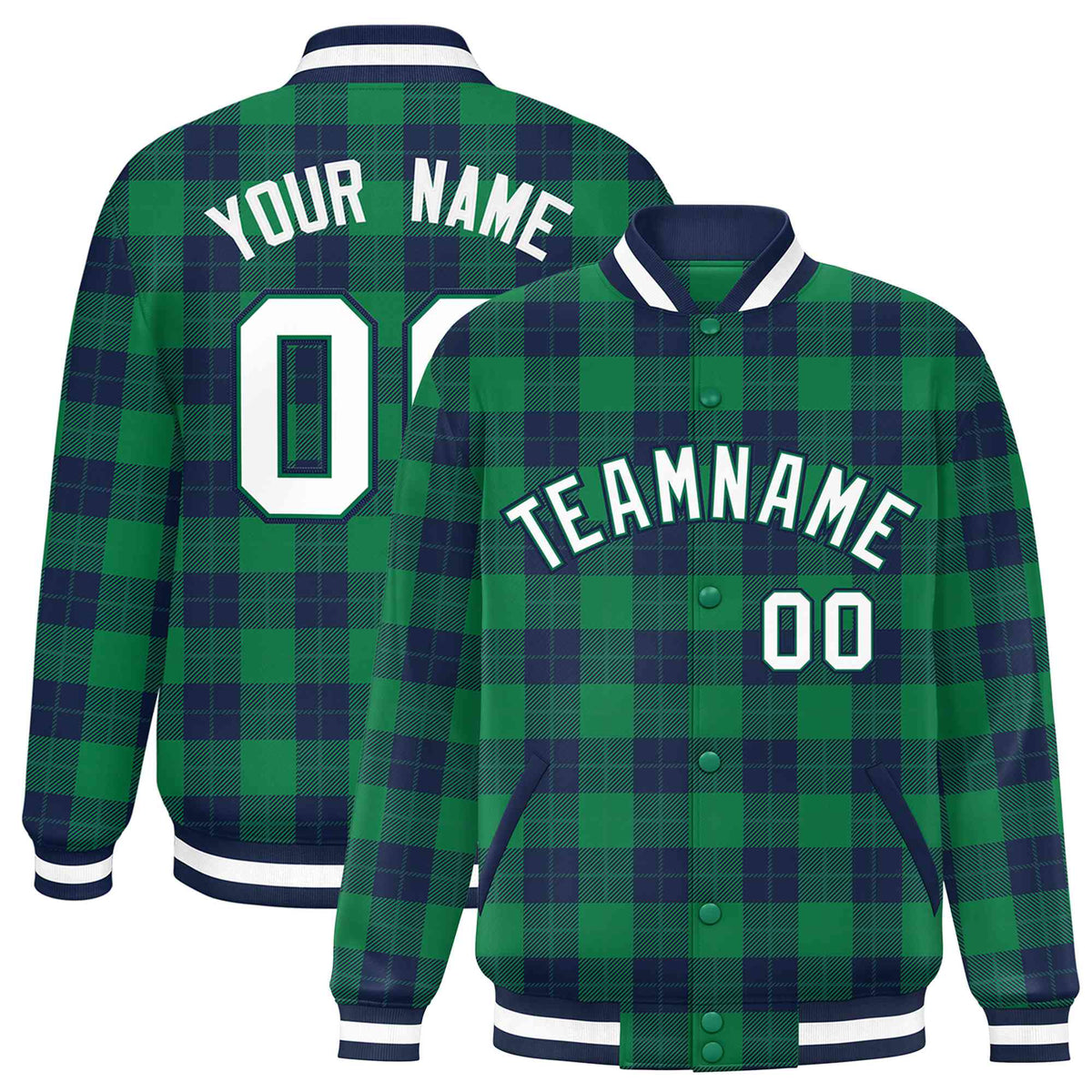 Custom Kelly Green-Navy Varsity Full-Snap Plaid Pattern Letterman Baseball Jacket