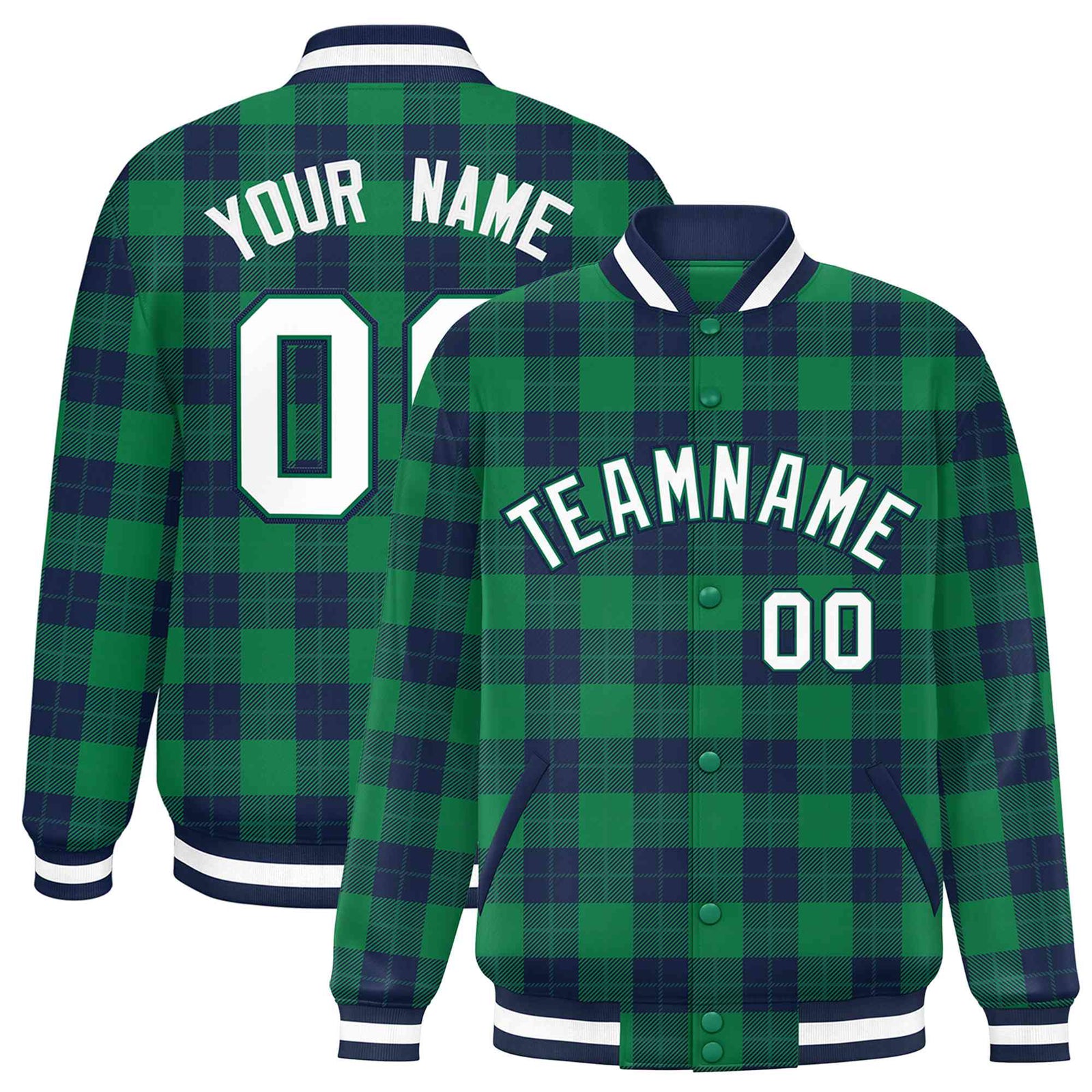 Custom Kelly Green-Navy Varsity Full-Snap Plaid Pattern Letterman Baseball Jacket