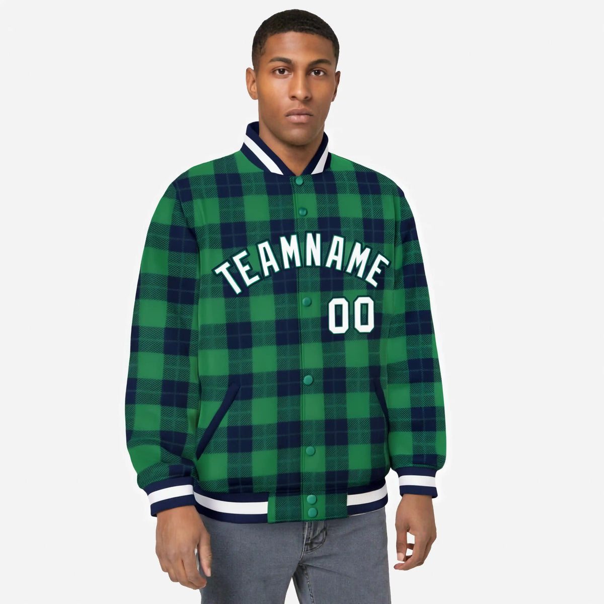 Custom Kelly Green-Navy Varsity Full-Snap Plaid Pattern Letterman Baseball Jacket