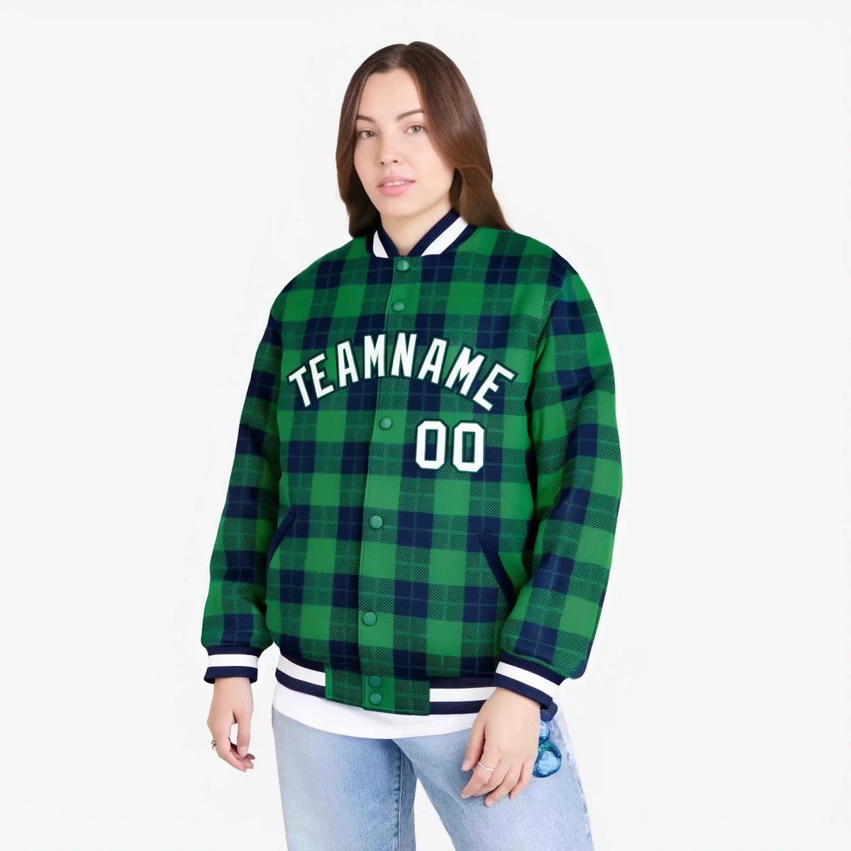Custom Kelly Green-Navy Varsity Full-Snap Plaid Pattern Letterman Baseball Jacket